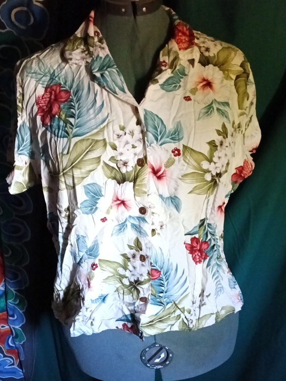 Floral Button-Front Women’s Top in White with Tropical Print